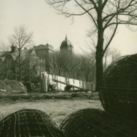 Seegers Union construction with Haas Library visible in the background, ca. 1962.